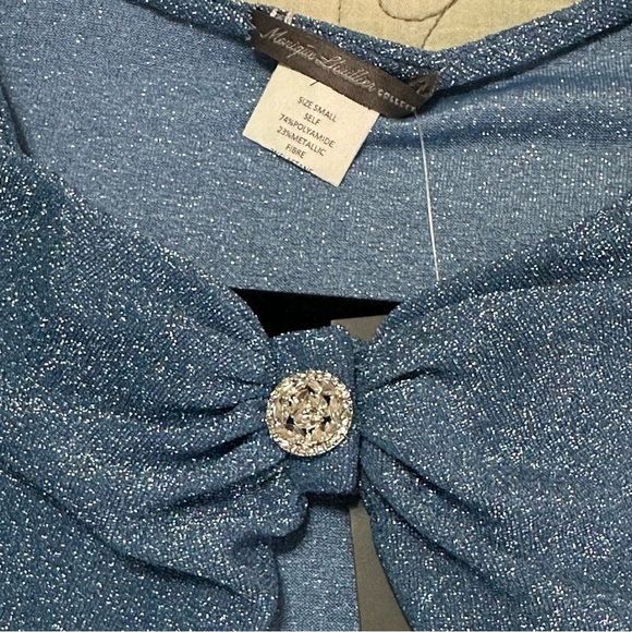NEW Monique Lhuillier Metallic Stretch-Knit Cape Sz S Crystal Button Azure Blue - Picture 6 of 9